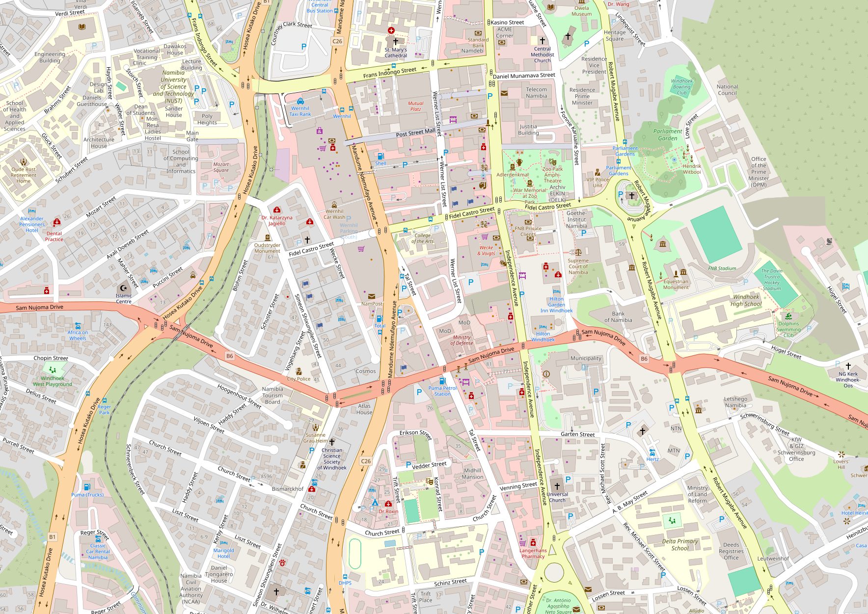 Map of central Windhoek showing the M&M Nest area and nearby hotels, shops and sights